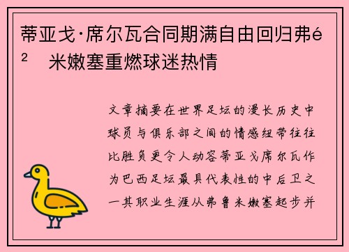蒂亚戈·席尔瓦合同期满自由回归弗鲁米嫩塞重燃球迷热情 蒂亚戈·席尔瓦合同期满自由回归弗鲁米嫩塞重燃球迷热情