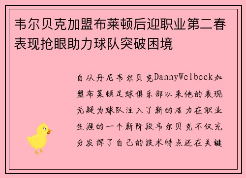 韦尔贝克加盟布莱顿后迎职业第二春表现抢眼助力球队突破困境 韦尔贝克加盟布莱顿后迎职业第二春表现抢眼助力球队突破困境