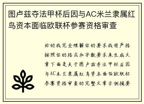 图卢兹夺法甲杯后因与AC米兰隶属红鸟资本面临欧联杯参赛资格审查 图卢兹夺法甲杯后因与AC米兰隶属红鸟资本面临欧联杯参赛资格审查