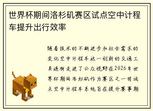 世界杯期间洛杉矶赛区试点空中计程车提升出行效率 世界杯期间洛杉矶赛区试点空中计程车提升出行效率
