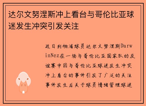 达尔文努涅斯冲上看台与哥伦比亚球迷发生冲突引发关注 达尔文努涅斯冲上看台与哥伦比亚球迷发生冲突引发关注